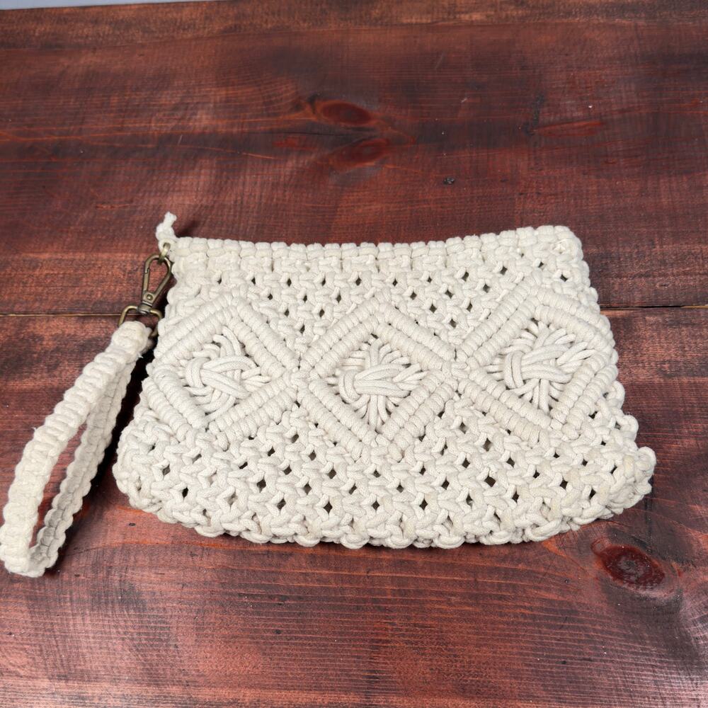 LONDON KAYE MACRAME Bohemian Ivory Clutch Wristlet Bag Pouch